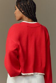 Slide View: 3: The Livvy Waffle Knit Cardigan Sweater by Flat White: Colorblock Trim Edition