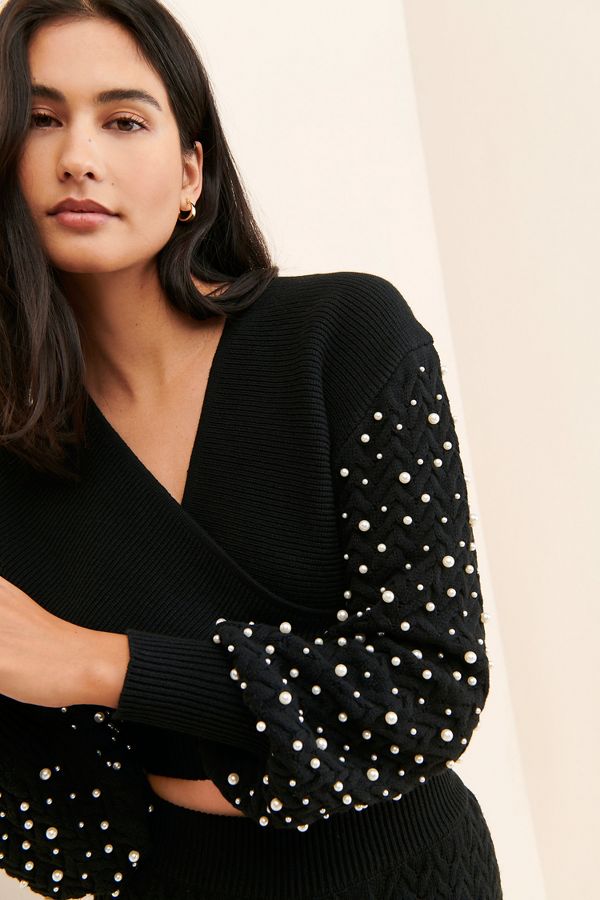 Slide View: 3: 4SI3NNA Faux Pearl Sleeved Sweater