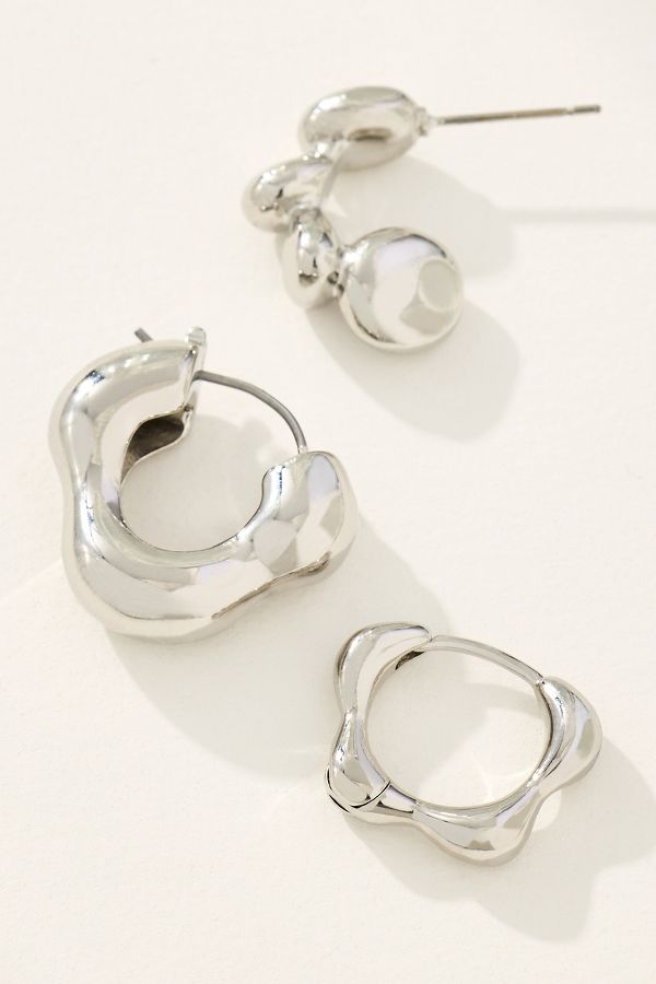 Slide View: 2: Wavy Huggie Hoop Earrings, Set of 3