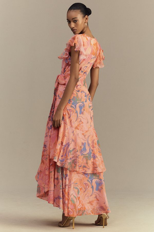 Slide View: 2: Hutch Cezza Flutter-Sleeve Ruffled Wrap Maxi Dress