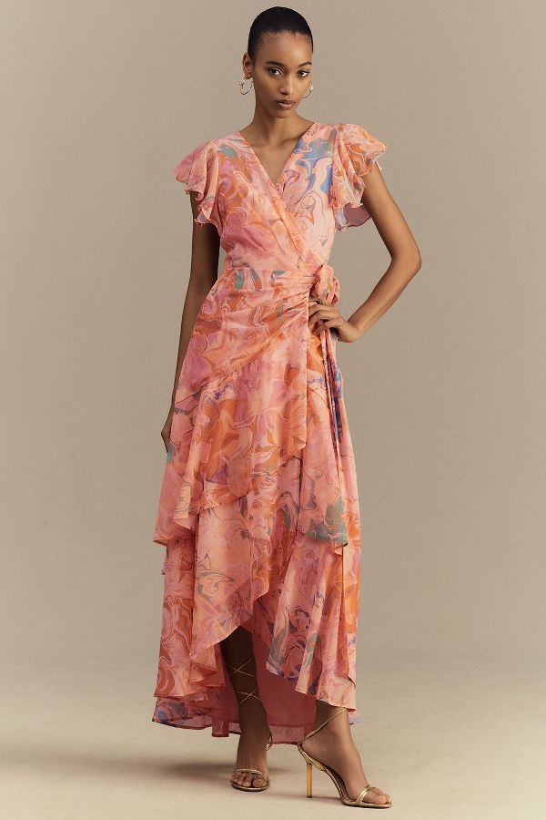 Slide View: 1: Hutch Cezza Flutter-Sleeve Ruffled Wrap Maxi Dress