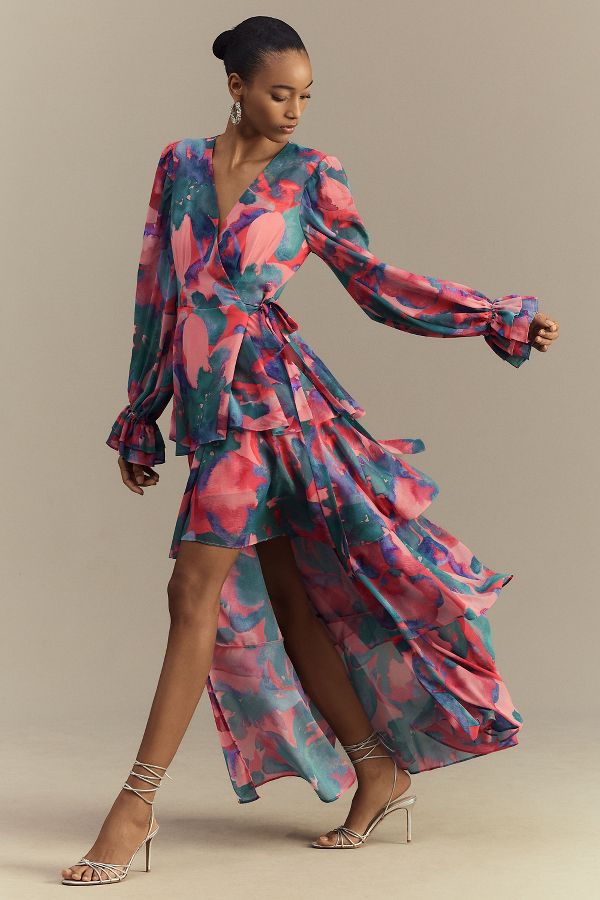 Slide View: 4: Hutch Bardot Long-Sleeve Tiered Wrap Maxi Dress