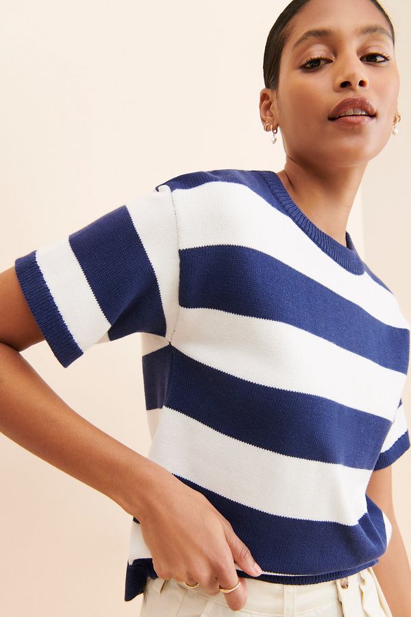 Slide View: 2: Flat White Striped Knit Tee