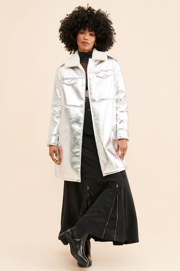 Slide View: 4: Avec Les Filles Sherpa Collar Metallic Long Coat