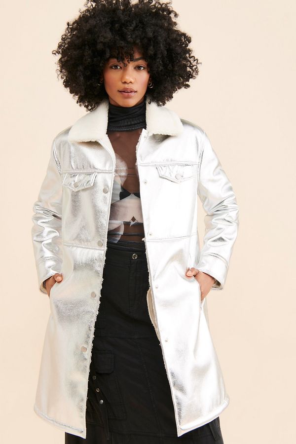 Slide View: 1: Avec Les Filles Sherpa Collar Metallic Long Coat