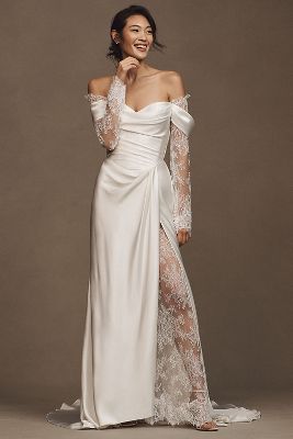 Watters Harlow Off-The-Shoulder Satin & Lace Wedding Gown