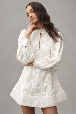 BHLDN Long-Sleeve High-Neck Floral A-Line Mini Dress