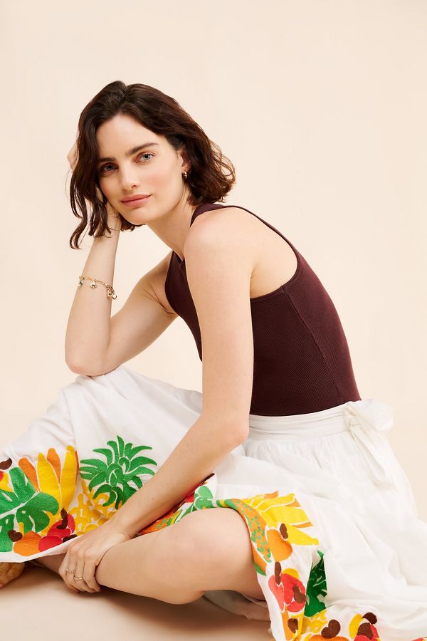 Slide View: 3: FARM Rio Embroidered Fruits Side Bow Midi Skirt