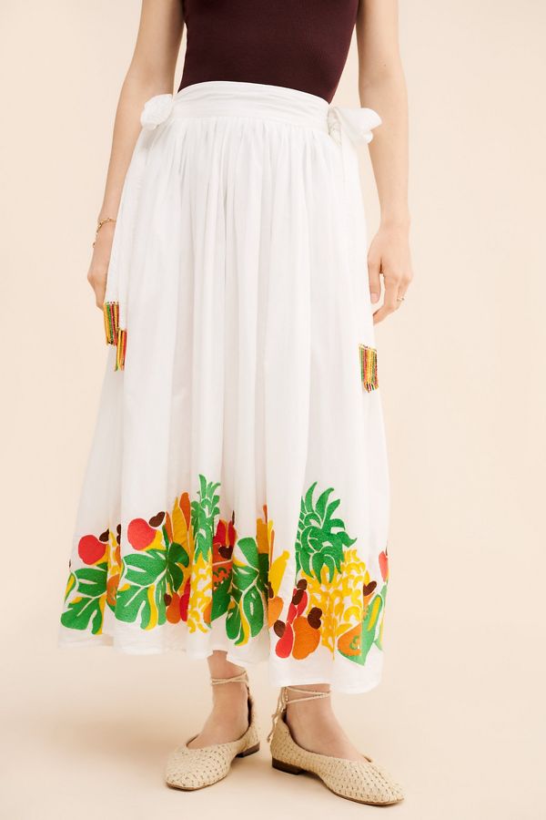 Slide View: 4: FARM Rio Embroidered Fruits Side Bow Midi Skirt