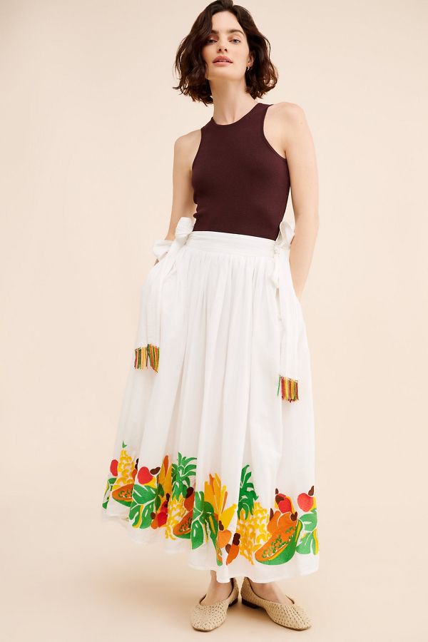 Slide View: 1: FARM Rio Embroidered Fruits Side Bow Midi Skirt