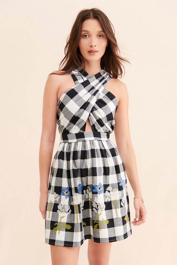 Slide View: 3: Verb by Pallavi Singhee Halter Embroidered Gingham Dress