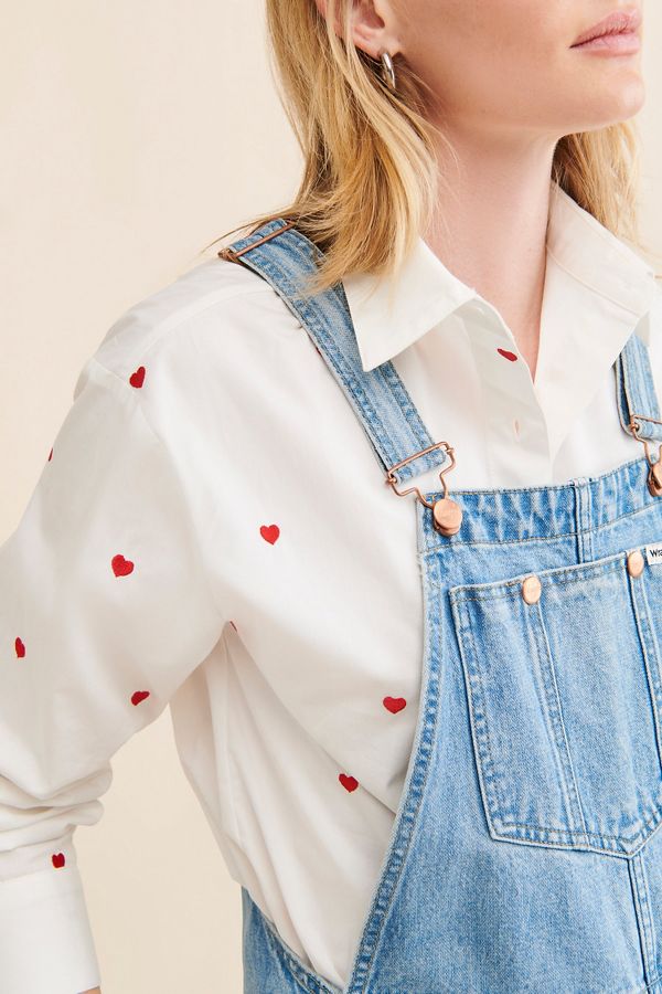 Slide View: 3: Flat White Embroidered Buttondown Long Sleeve Top