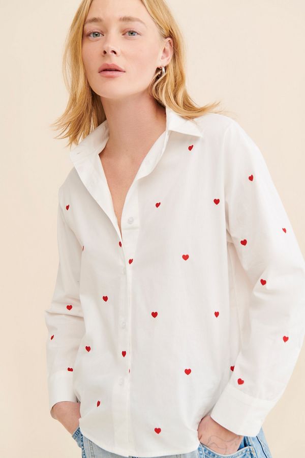 Slide View: 1: Flat White Embroidered Buttondown Long Sleeve Top