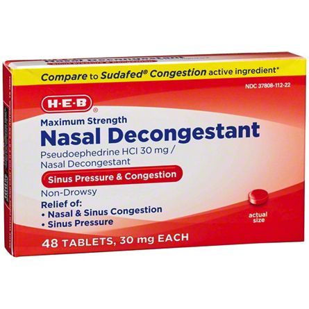 H-E-B Maximum Strength Nasal Decongestant 30 mg Tablets, 48 ct ...