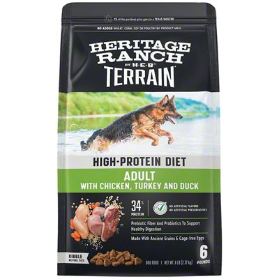 Heritage Ranch by H E B Terrain High Protein Diet Adult Dry Dog Food Chicken Turkey Duck 6 lbs Central Market Really Into Food