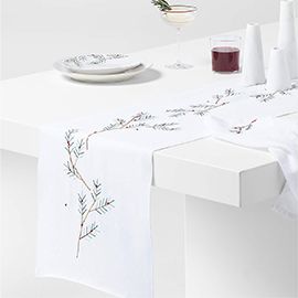 Embroidered Holly Sprig 90" Linen Holiday Table Runner