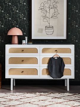 MAREN WHITE AND CANE WOOD 6-DRAWER DRESSER