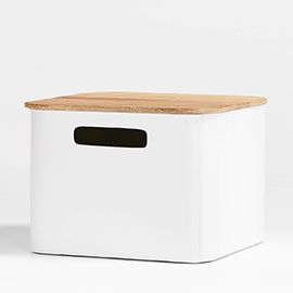 "Outline White Medium Metal Storage Bin with Wood Lid "