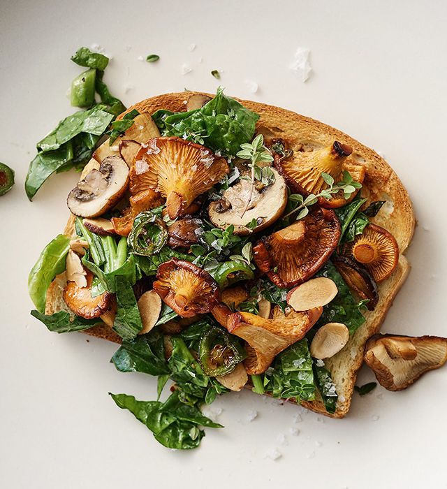 mushroom toast with wilted greens