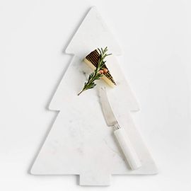 White Marble Holiday Tree Cheese Board with Knife
