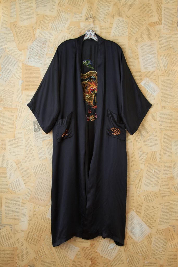 Pure Silk Dragon Print 3/4 Sleeve Women's Kimono Robe With Belt