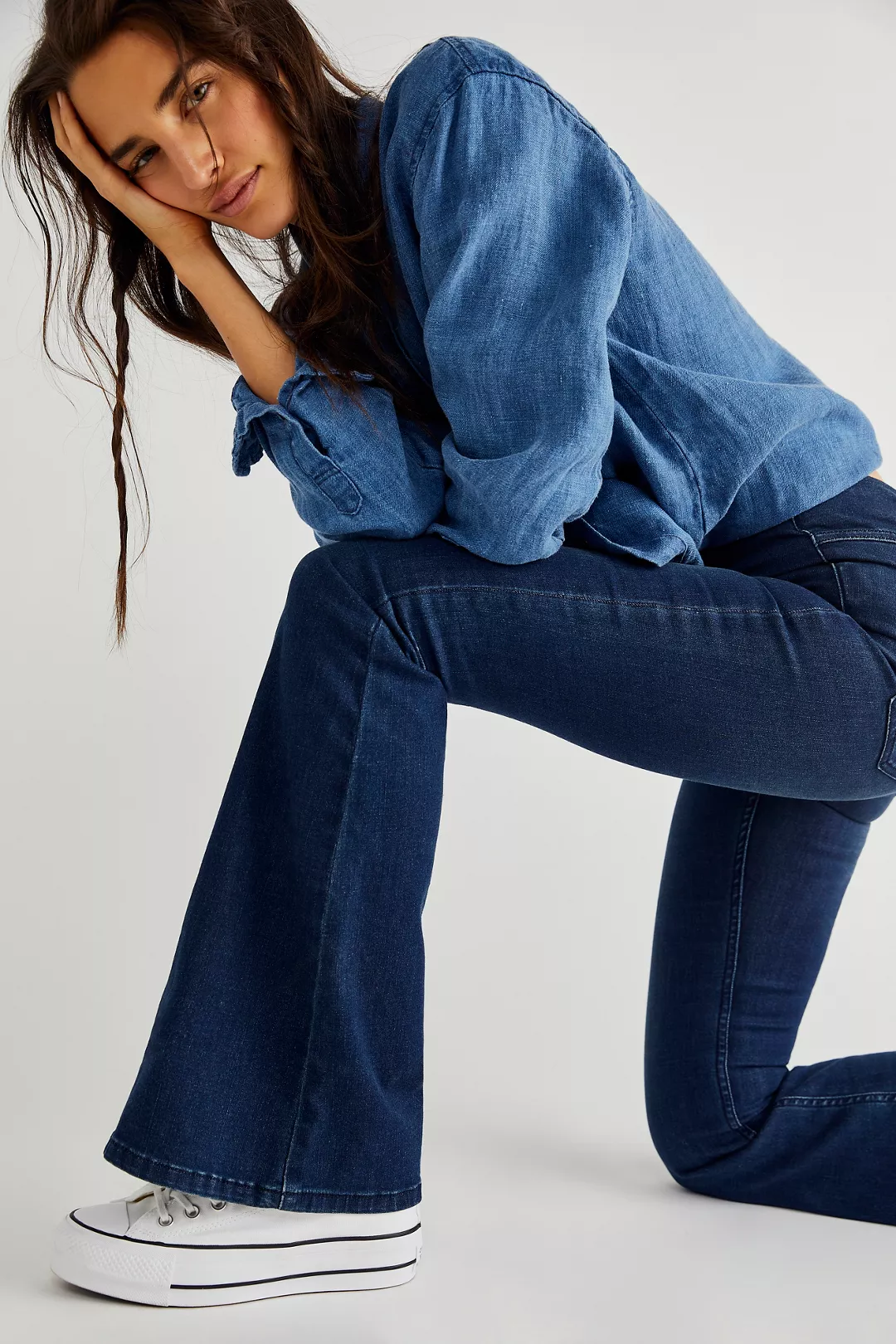 Penny Pull-On Dark Wash Mid-Rise Flare Jeans