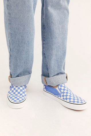 blue checkered slip ons