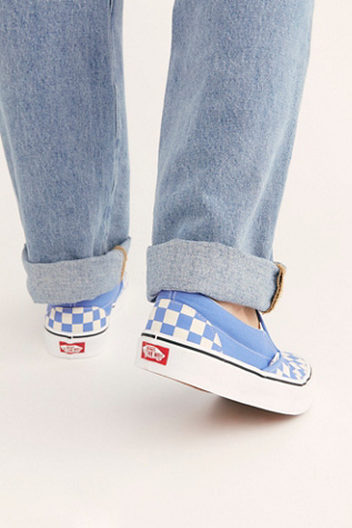 checkerboard vans light blue