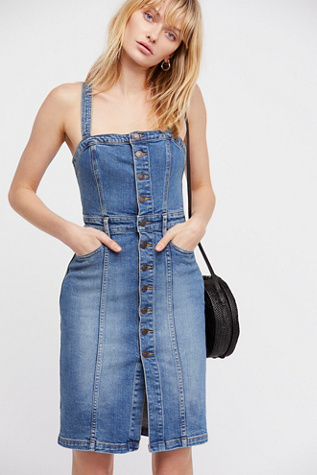 button up denim pinafore dress