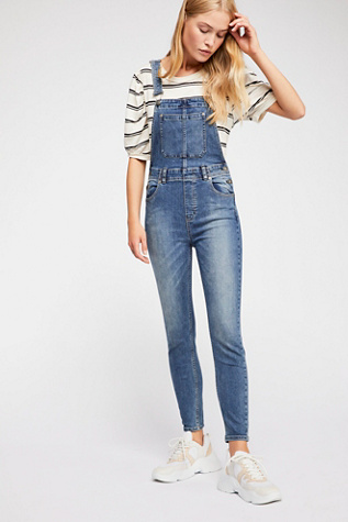 free people slim ankle denim overalls