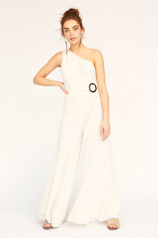 one shoulder flared jumpsuit