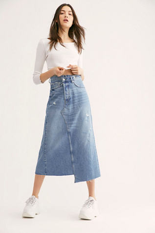 distressed denim midi skirt