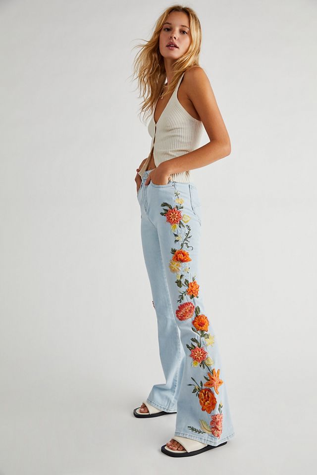 Free People Driftwood Farrah Embroidered Flare Jeans. 4