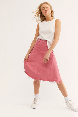 pink midi denim skirt