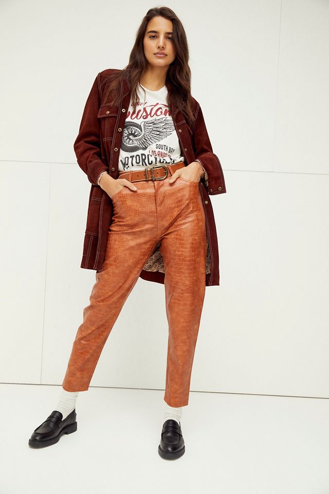 Leather Pants Outfit Idea: Burgundy Belted Leather Blazer +