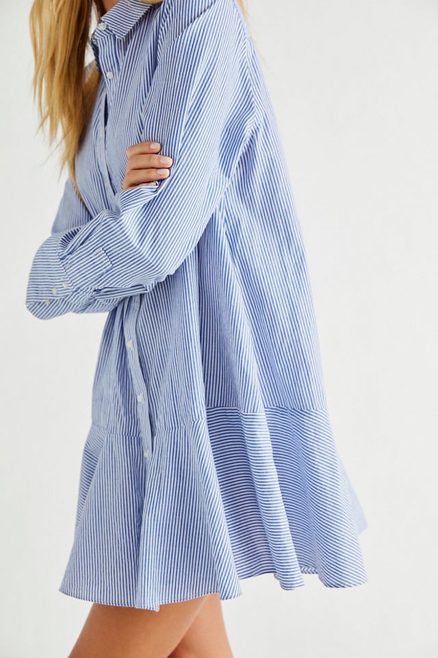 Blue Stripe Long Sleeve Tiered Shirt Dress