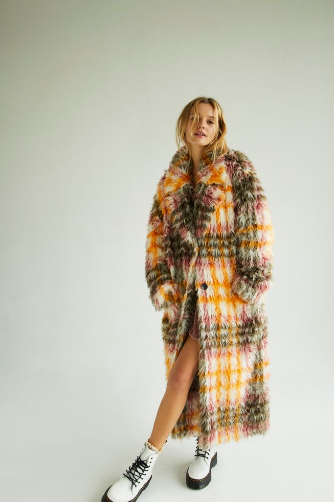 cardi plaid faux fur coat