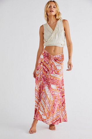 Printed Ruched Jersey Maxi Skirt