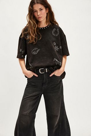 T-shirt Western à coutures en denim et os