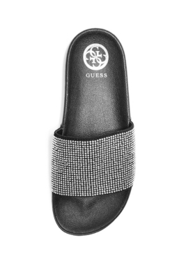sass rhinestone logo slide sandals