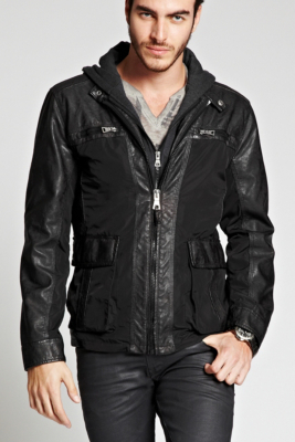 Hooded Faux-Leather Trim Jacket | GUESS.com