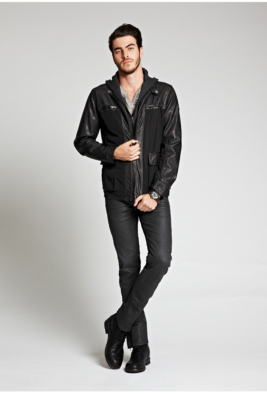 Hooded Faux-Leather Trim Jacket | GUESS.com