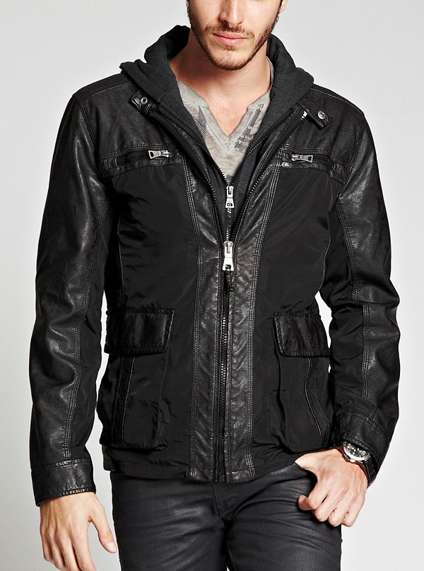 Hooded Faux-Leather Trim Jacket | GUESS.com