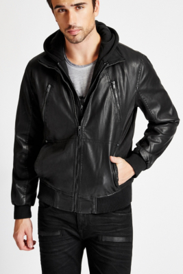 Faux-Leather Hooded Moto Jacket | GUESS.com