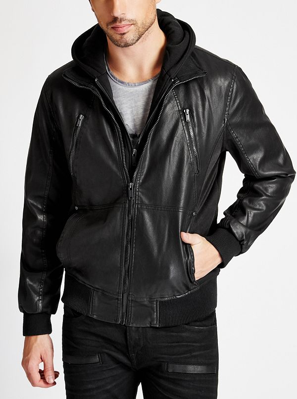 Faux-Leather Hooded Moto Jacket | GUESS.com