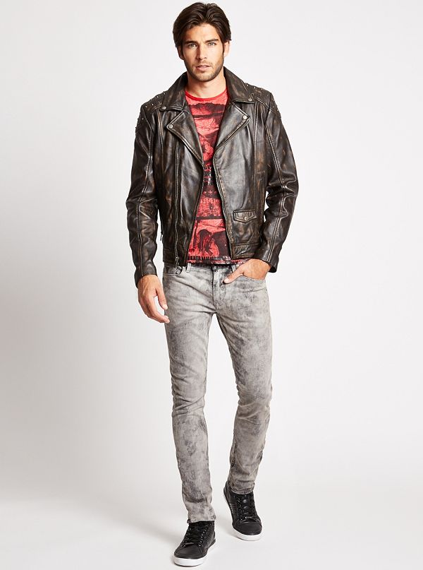 Distressed Genuine Leather Moto Jacket | GUESS.ca