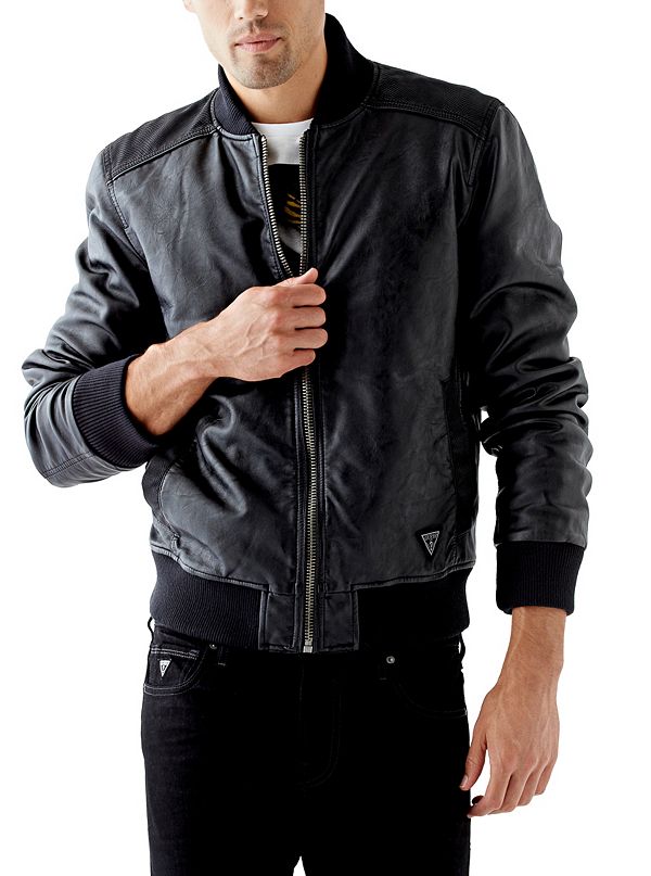 Garment-Washed Faux-Leather Bomber Jacket | GUESS.com