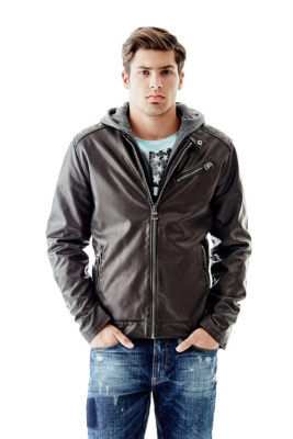 Jackets - Faux-Leather Biker Jacket with Removable Hood