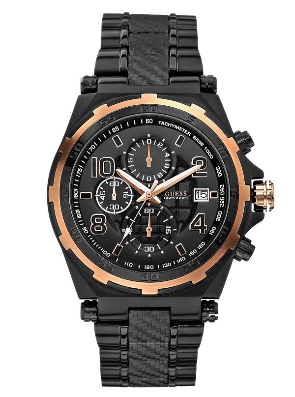 Black and Rose Gold-Tone Masculine Detailed Chronograph Watch | GUESS.com