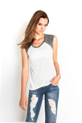 Sleeveless HighLow Baseball Tee with Studs